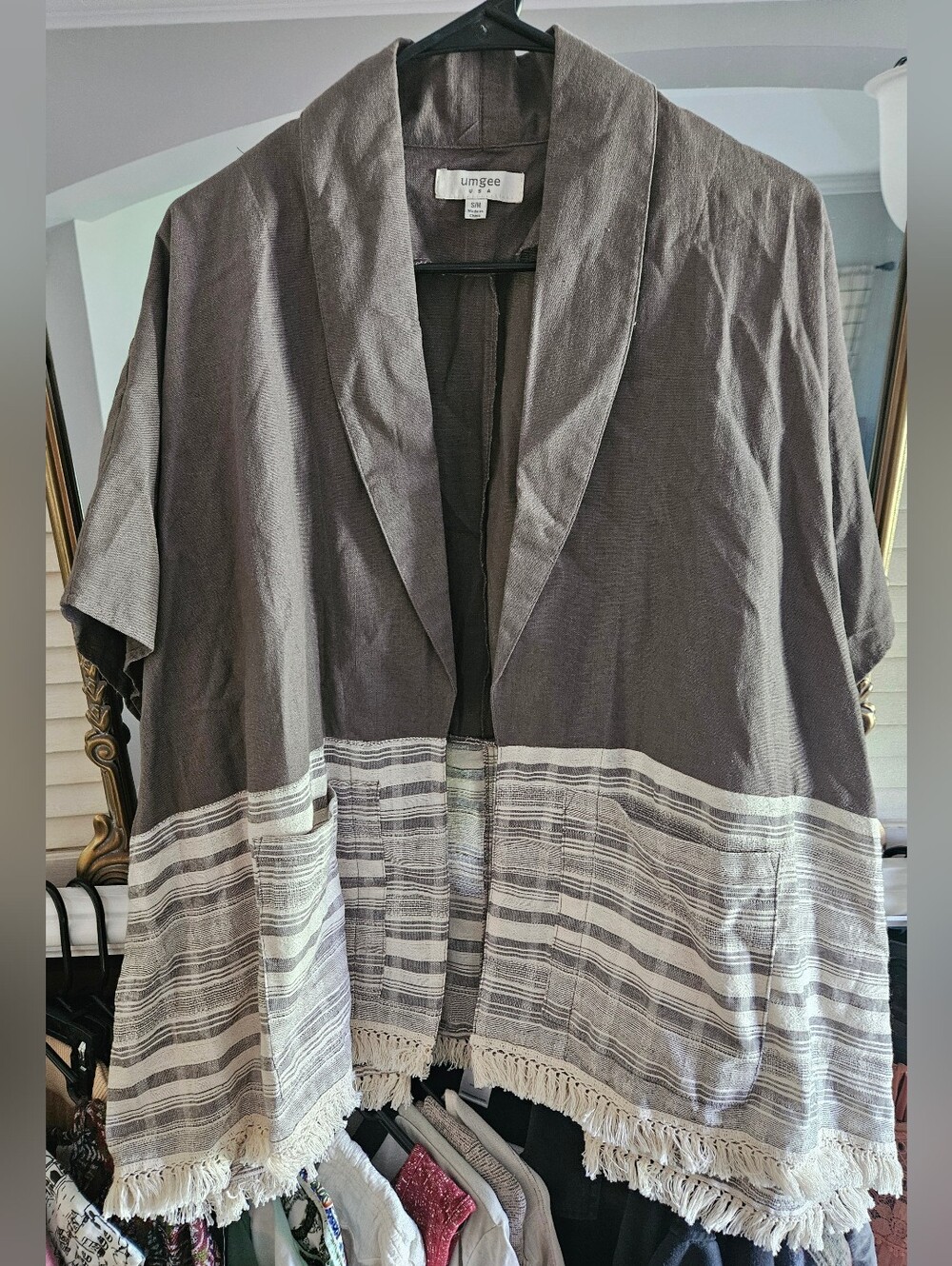 Umgee Gray Fringe Open Front Kimono